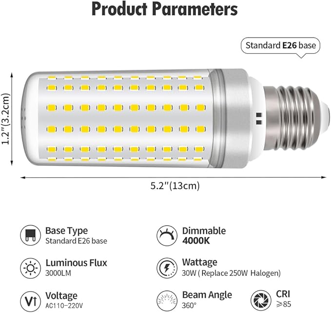 E26 LED Bulbs, 30W LED Light Bulbs Equivalent 250W, 4000K Natural Light, Not Dimmable,AC 110-220V, E26 Light Bulbs (2 Pack)