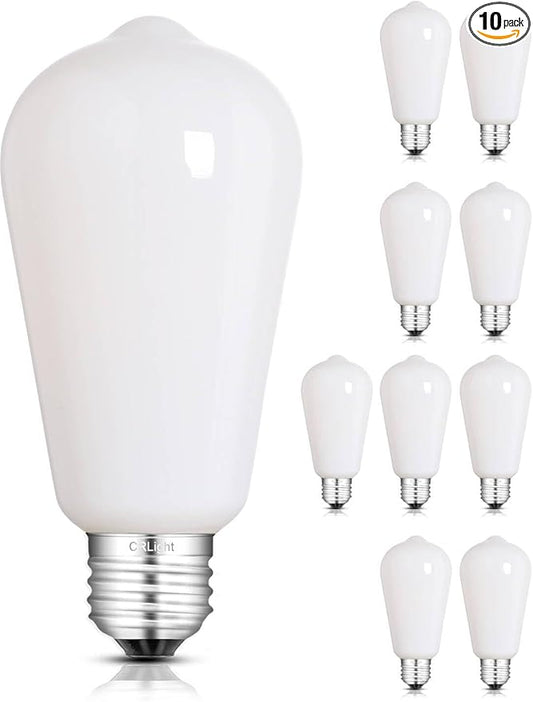 CRLight Dimmable Opal LED Edison Bulbs - 6W (65W Eqv) 650LM 4000K Neutral White, ST58 = ST19 E26 Base, Coated Inside White Milky Glass Vintage Filament Light, 10 Pack