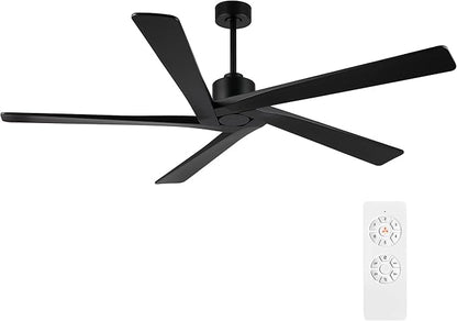 WINGBO 64 Inch DC Ceiling Fan without Lights, 5 Reversible Carved Solid Wood Blades, 6-Speed Noiseless DC Motor, Ceiling Fan No Light with Remote, Indoor Ceiling Fans in Matte Black Finish, ETL Listed