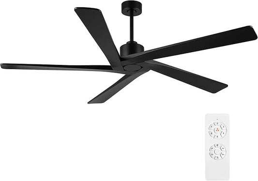 WINGBO 64 Inch DC Ceiling Fan without Lights, 5 Reversible Carved Solid Wood Blades, 6-Speed Noiseless DC Motor, Ceiling Fan No Light with Remote, Indoor Ceiling Fans in Matte Black Finish, ETL Listed
