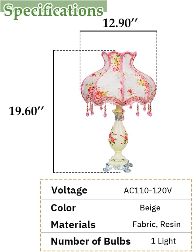 Cute Table Lamp with Fabric Lampshade, Antique Flower Decorative Bedside Desk Nightstand Lamp, Handmade Night Light for Bedroom Living Room (Pink and Beige)