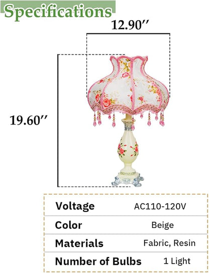 Cute Table Lamp with Fabric Lampshade, Antique Flower Decorative Bedside Desk Nightstand Lamp, Handmade Night Light for Bedroom Living Room (Pink and Beige)