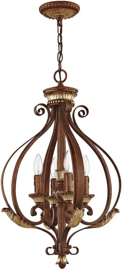 Livex Lighting 8556-63 Villa Verona 4 Light Verona Bronze Finish Foyer Chandelier with Aged Gold Leaf Accents and Rustic Art Glass