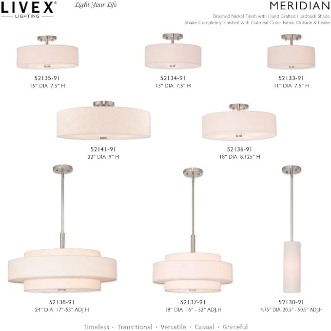Livex Lighting 52136-91 Meridian Collection 4-Light Semi Flush Mount Ceiling Fixture with Oatmeal Color Fabric Hardback Drum Shade and Satin White Diffuser, Brushed Nickel