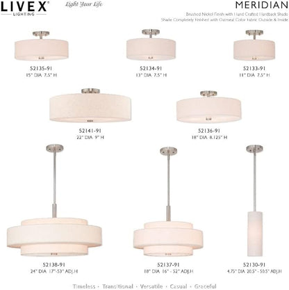 Livex Lighting 52136-91 Meridian Collection 4-Light Semi Flush Mount Ceiling Fixture with Oatmeal Color Fabric Hardback Drum Shade and Satin White Diffuser, Brushed Nickel