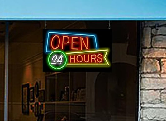 Open 24 Hours Neon Sign - Large Size - 32" wide x 20" high - Real, Quality Hand Bent Neon Sign - Red & White Letters with Blue, Green & Yellow Retro Border Outline Designs