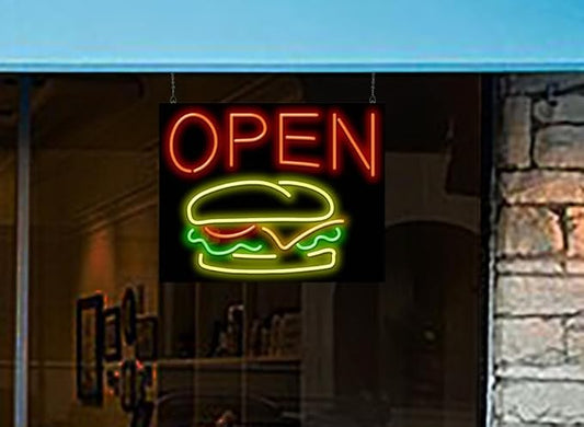 Burger Open Neon Sign - 30" wide x 24" high - Real, Quality Hand Bent Neon - Red Letters with a Yellow, Green, Orange & Green Burger Graphic
