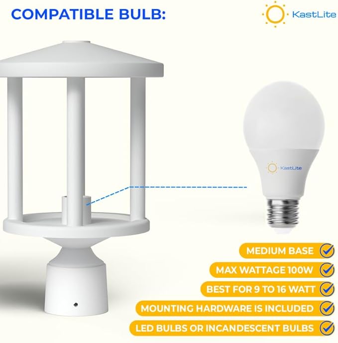 KASTLITE Outdoor Post Light Fixture, Fits 3" Lamp Post Outdoor Lighting - Anti-Rust Waterproof Lantern Pole Light, E26 Base - Yard Pathway Driveway Patio Deck Fence & Street Lighting