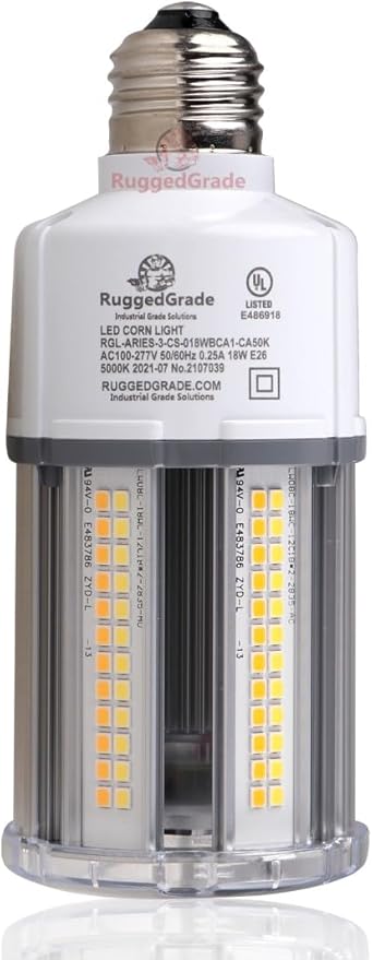 RuggedGrade Aries III CS Series 18W LED Corn Bulb | 2,430 Lumens | 3000K/4000K/5000K Color Selectable | E26 Base | Dimmable with 4KV Surge Protection | DLC 5.1 Premium