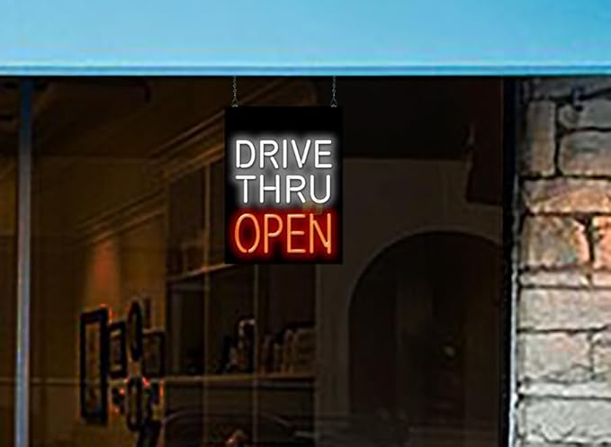 Drive Thru Open Neon Sign - 15" wide x 20" high - Real, Quality Hand Bent Neon - White & Red Letters