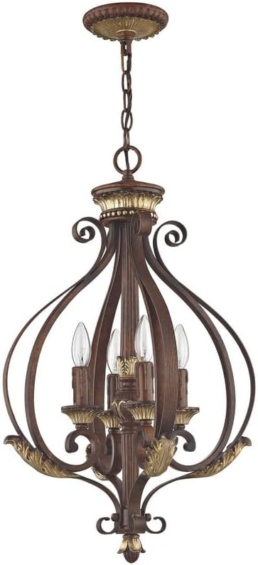 Livex Lighting 8556-63 Villa Verona 4 Light Verona Bronze Finish Foyer Chandelier with Aged Gold Leaf Accents and Rustic Art Glass