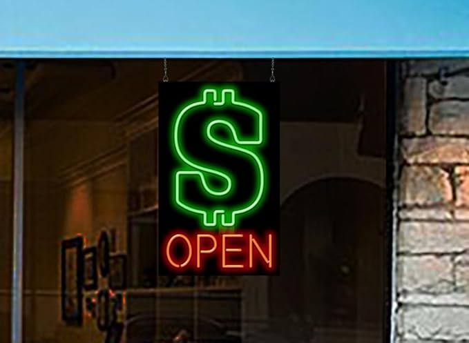 Dollar Graphic Open Neon Sign - Large Size - 20" wide x 32" high - Real, Quality Hand Bent Neon Sign - Red Letters with a Green Dollar Symbol Graphic