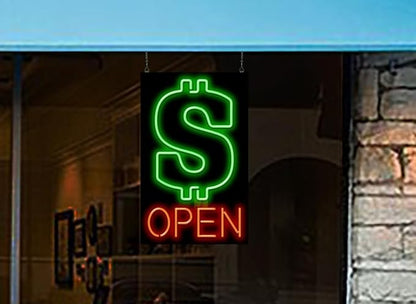 Dollar Graphic Open Neon Sign - Large Size - 20" wide x 32" high - Real, Quality Hand Bent Neon Sign - Red Letters with a Green Dollar Symbol Graphic