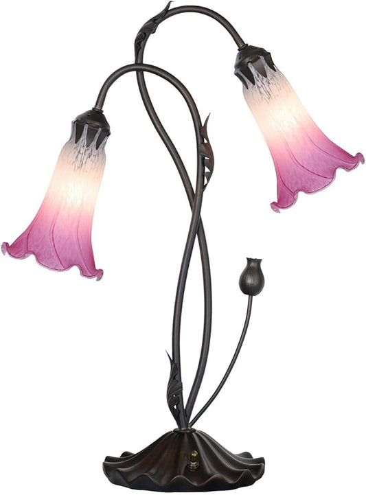 Bieye L10847 Lily Flower Blown Glass Accent Table Lamp for Living Room Bedroom Decoration (2-Light, Pink)