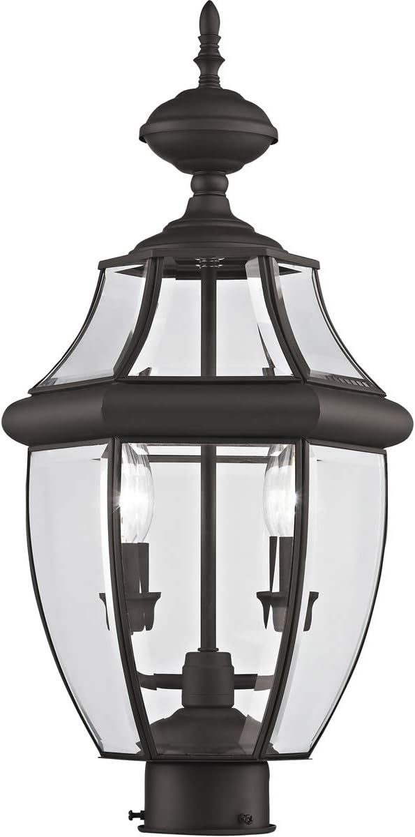 Livex Lighting 2254-07 Monterey 2 Light Outdoor Bronze Finish Solid Brass Post Head with Clear Beveled Glass