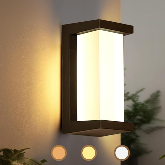 Black Exterior Lighting Fixtures, Rectangular Modern Front Porch Light Fixtures, 12W Outdoor Wall Light Fixtures Wall Mount, IP65 Waterproof Outdoor Wall Sconce 3-Color-Changeable