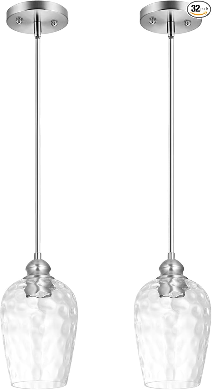 Glass Pendant Lights Kitchen Island, Brushed Nickel Pendant Light Fixtures with Hand-Blown Clear Glass, Modern Hanging Light for Kitchen Sink Dining Room Bedroom, E26 (Clear, 2pack)