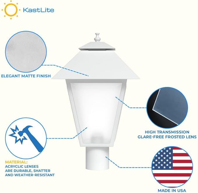 KastLite Outdoor Post Light Fixture, Fits 3" Lamp Post Outdoor Lighting - Anti-Rust Waterproof Lantern Pole Light, E26 Base - Yard Pathway Driveway Patio Deck Fence & Street Lighting