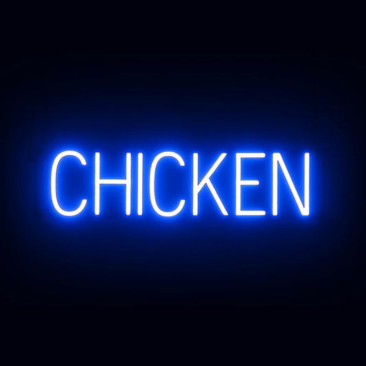 SpellBrite CHICKEN Sign | Food-Related Sign with Neon Look, Blue LED Light Source | 25.3" x 6.3"