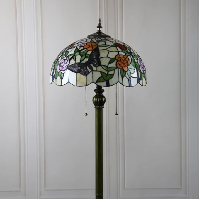 Tiffany Flower Floor Lamp Beige Glass Vintage Standing Lamp with Pull Chain Traditional Stained Glass Standing Reading Light for Living Room Bedroom Farmhouse - Handmade Butterfly Shade