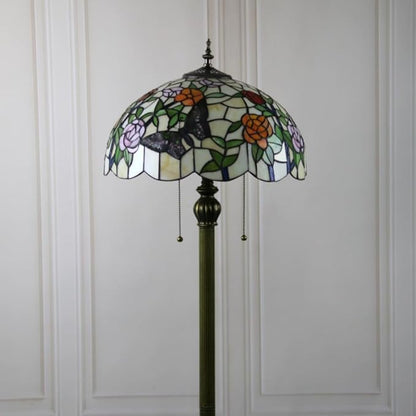 Tiffany Flower Floor Lamp Beige Glass Vintage Standing Lamp with Pull Chain Traditional Stained Glass Standing Reading Light for Living Room Bedroom Farmhouse - Handmade Butterfly Shade