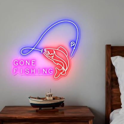 Gone Fishing LED Neon Sign for Cabin Decor, Lake House Wall Light, Fisherman Gift, Rustic Fishing Sign for Man Cave or Garage Size:20 x 17inches