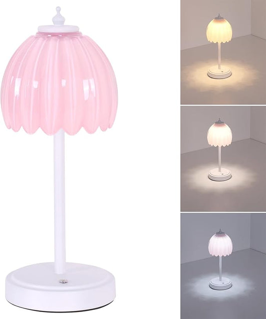 Tulip Table Lamp with 5200mAh Battery & Touch Control, Cordless Small Table Lamp with 3 Colors, Dimmable Rechargeable Table Lamps for Living Room, Bedroom, Desk, Bedside (Creamy Pink Tulip)