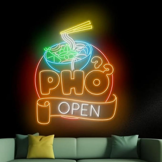 Open Pho Neon Sign, 25"Pho Bowl Led Neon Light, Vietnam Pho Food Neon Kitchen Wall Art, Vietnamese Restaurant Wall Décor