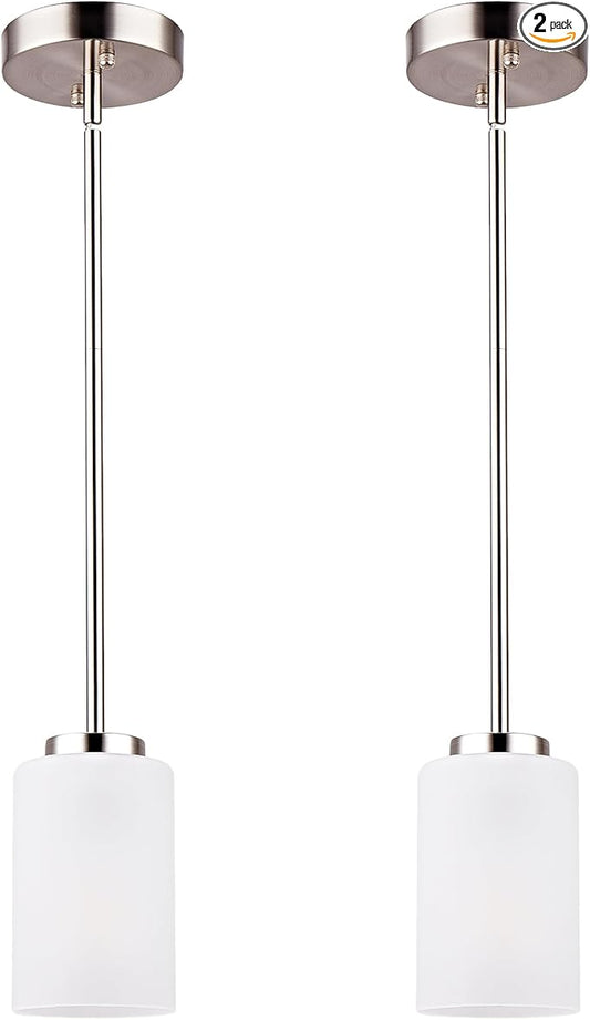 2 Pack Pendant Light Fixtures, Adjustable Brushed Nickel Hanging Ceiling Lights with White Frosted Glass Shades, House Indoor Light for Kitchen Island Bedroom