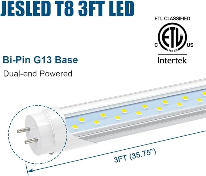 JESLED T8 LED Tube Light 3FT, 2520LM, 18W(45W Equivalent), 6000K, Ballast Bypass, 36 Inch F25T8 Fluorescent Bulb Replacement, Dual Ended, 36” Lighting Tube Fixture (4-Pack)