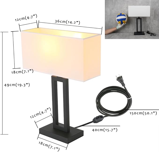 Yosoan White Indoor Table Lamp Bedside Nightstand Desk Lamp, Dimmable On Off Switch Black 65.8" Power Cord Cutout Rectangular White Fabric Shade for Bedroom Hotel Study