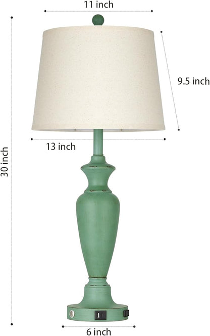 30" Tall Metal Table Lamps Set of 2, Touch Control Bedside Lamps for Bedroom Nightstand, 3-Way Dimmable Farmhouse Lamp for Living Room with Charging Ports, Retro Green (2 LED Bulbs Included)