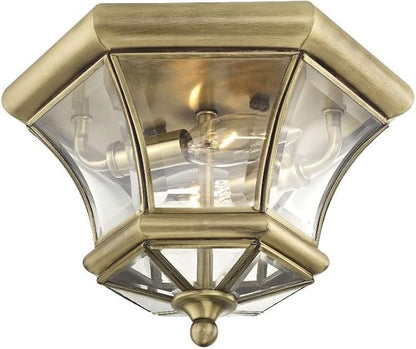 Livex Lighting 7052-02 Monterey 2 Light Outdoor/Indoor Polished Brass Finish Solid Brass Flush Mount with Clear Beveled Glass