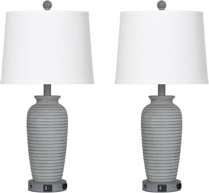 25" Farmhouse Jar Table Lamp Set of 2 Vintage Rustic Lamps for Living Room, Resin Bedside Nightstand Lamps with Linen Lampshades, Retro Pot Lamp for Living Room, Bedroom(LED Bulbs Included)