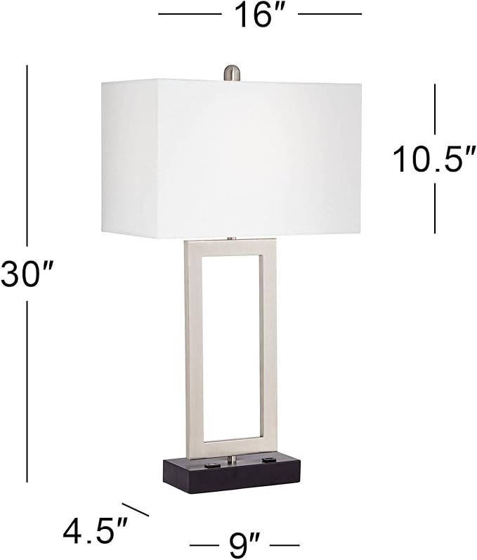 360 Lighting Todd Modern Table Lamp with Hotel Style USB and AC Power Outlet in Base 30" Tall Brushed Nickel Rectangle White Shade for Living Room Bedroom House Bedside Nightstand Home