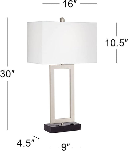 360 Lighting Todd Modern Table Lamp with Hotel Style USB and AC Power Outlet in Base 30" Tall Brushed Nickel Rectangle White Shade for Living Room Bedroom House Bedside Nightstand Home