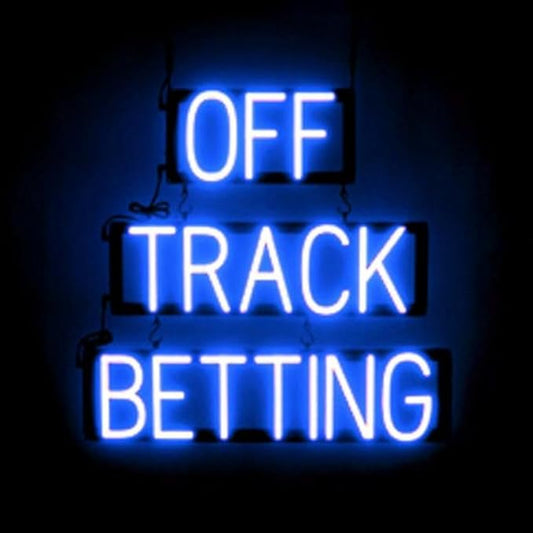 SpellBrite OFF TRACK BETTING Sign | Gaming-Related Sign with Neon Look, Blue LED Light Source | 24.9" x 23.8"