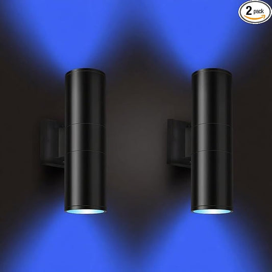 Exterior Double Up Down Outdoor Wall Lights,Mi.Light Remote Control RGB Color Changing 1000lm Warm White 3000k RGBW Cylinder Outdoor Wall Light,Smart LED Exterior Lighting (2 Pack)