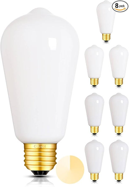 CRLight Dimmable Opal LED Edison Bulbs, 8W (80W Eqv) 800LM 3000K Soft White, Vintage Antique Style Milky Glass ST19 = ST58 E26 Filament Light, 8 Pack