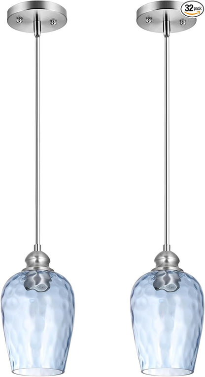 Glass Pendant Lights Kitchen Island, Brushed Nickel Pendant Light Fixtures with Hand-Blown Clear Glass, Modern Hanging Light for Kitchen Sink Dining Room Bedroom, E26 (Blue, 2pack)