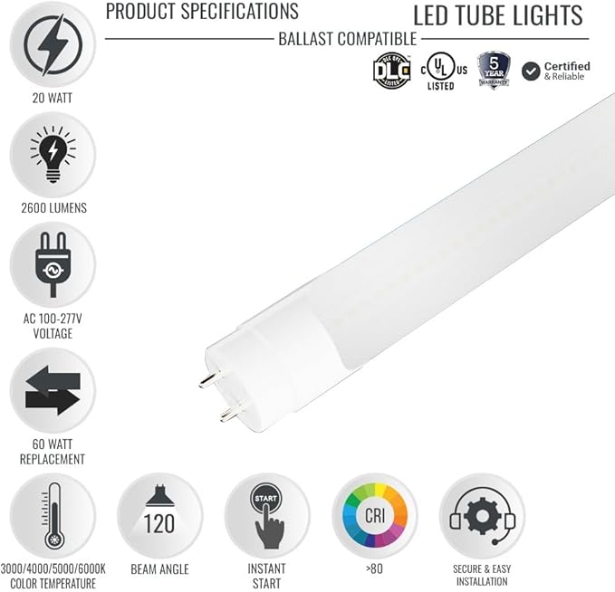 LEDMyplace Hybrid T8 4ft LED Tube/Bulb, 22W/18W/15W/12W Adjustable, 3000K/4000K/5000K/6500K CCT Changeable, G13, Frosted, 2800 Lumens, Single/Double End Power, Ballast Compatible or Bypass, Pack of 25