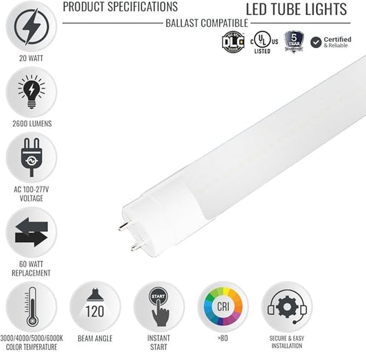 LEDMyplace Hybrid T8 4ft LED Tube/Bulb, 22W/18W/15W/12W Adjustable, 3000K/4000K/5000K/6500K CCT Changeable, G13, Frosted, 2800 Lumens, Single/Double End Power, Ballast Compatible or Bypass, Pack of 25
