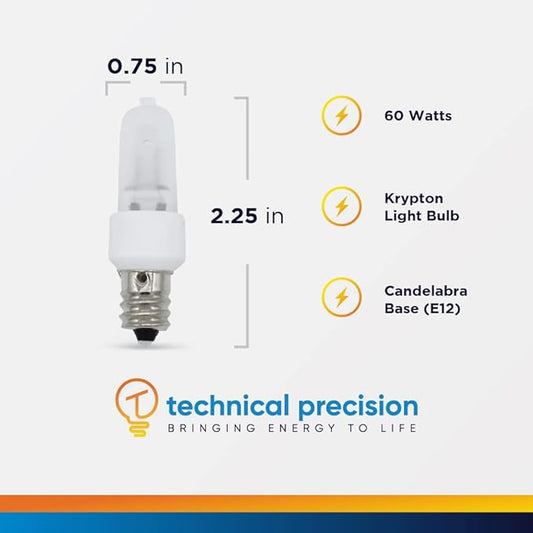 Technical Precision 60 Watt KX60FR/E12 JD Replacement Bulb 120V 60W T3 Krypton Replacement Bulb - Frosted - 2700K Warm White - 10 Pack