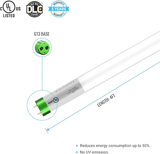 LEDMyplace 4ft LED 18W Glass Tube Light Bulb, 4000K Cool White, 1800 Lumens, Clear Lens, Replace 50W, UL DLC Listed, Single Ended Ballast Bypass for Garages, Factory, Supermarkets, Pack of 30