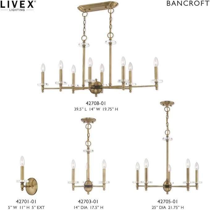 Livex Lighting 42708-01 Bancroft - Eight Light Linear Chandelier, Antique Brass Finish with Clear Bobeche Crystal