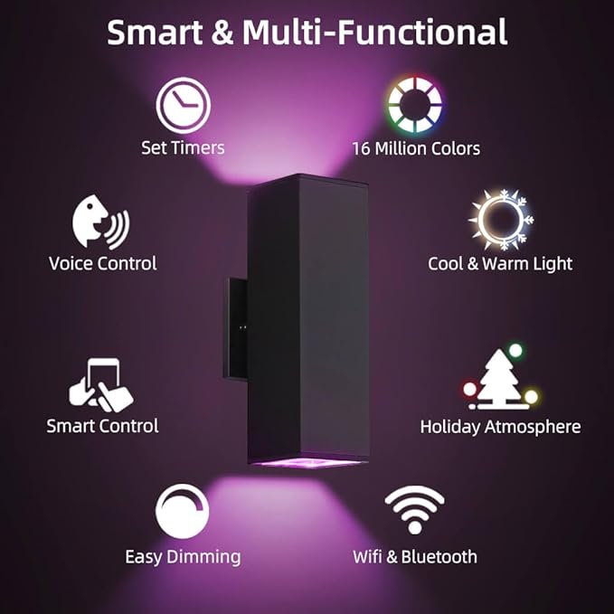 SHIMR Color Changing Outdoor Wall Lights 2 Pack, Ambiance Up and Down Lights Outdoor, Waterproof Square Smart Porch Lights WiFi APP Control Exterior Light Fixture Home Theater Lighting [ETL Listed]