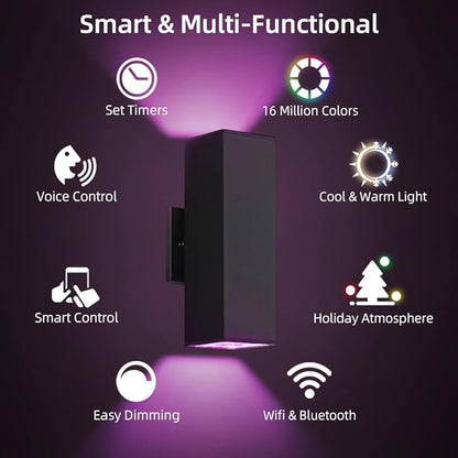 SHIMR Color Changing Outdoor Wall Lights 2 Pack, Ambiance Up and Down Lights Outdoor, Waterproof Square Smart Porch Lights WiFi APP Control Exterior Light Fixture Home Theater Lighting [ETL Listed]