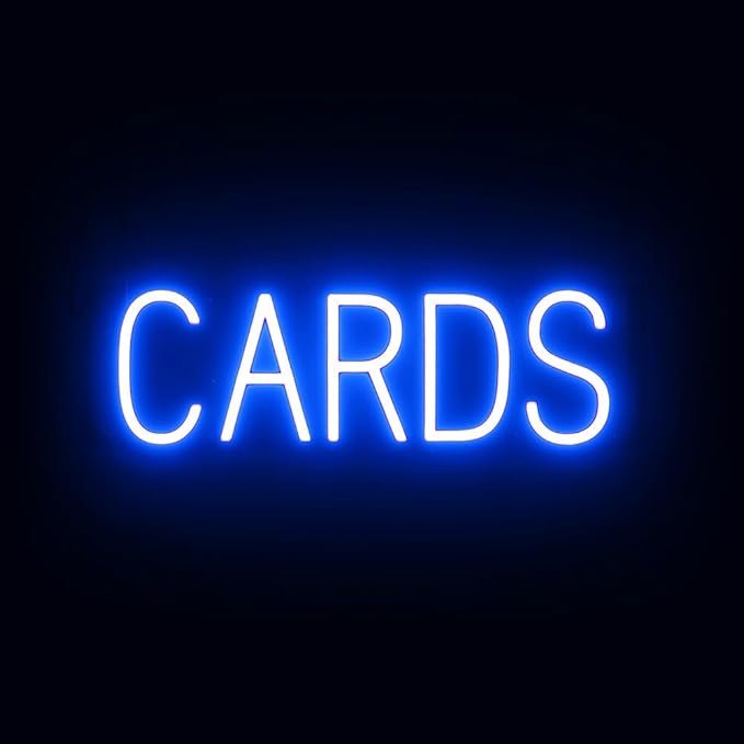 SpellBrite CARDS Sign | Gaming-Related Sign with Neon Look, Blue LED Light Source | 21.2" x 6.3"