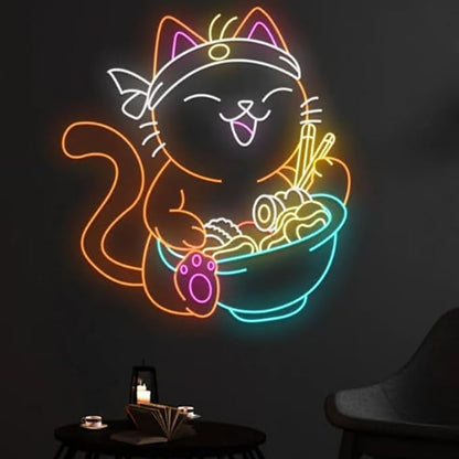 Cat Eating Ramen Neon Sign, Cat Ramen Led Sign Decor, Japanese Ramen Restaurant Wall Decor, Ramen Noodles Store LED Light Sign Wall Art Size:23inches