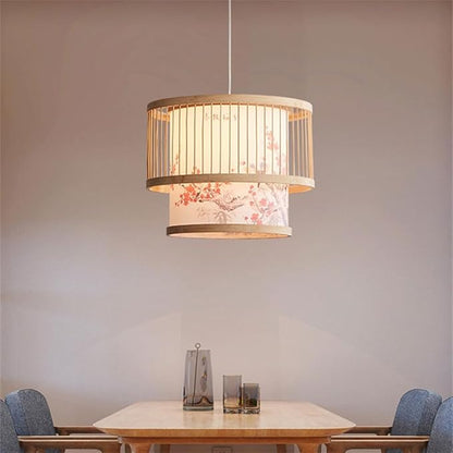 Modern New Chinese Style Patterned Pendant Lamp Fixture Creative Bamboo Suspension Lamp with Wood Canopy Vintage Lantern Hanging Light for Kitchen Dining Room Bedroom E27 Droplight